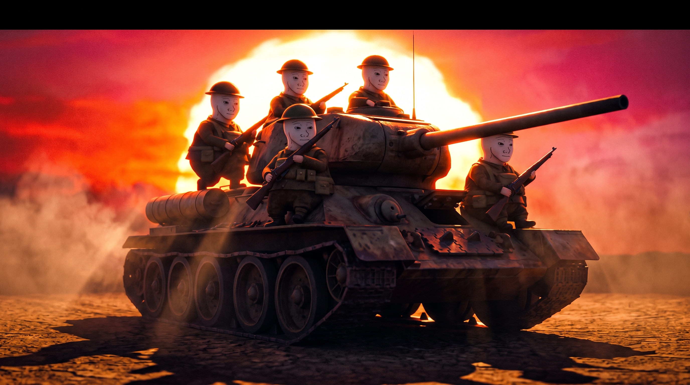 Trenches wojak soldiers riding a tank at sunset
