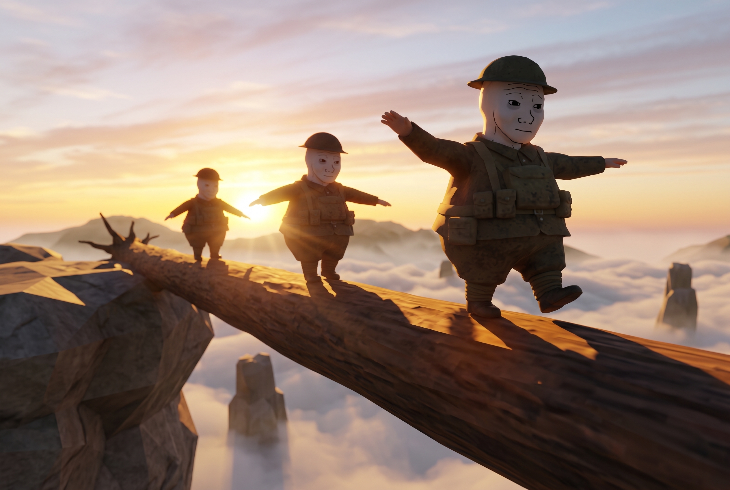Trenches wojak soldiers balancing on a log above the clouds at sunset