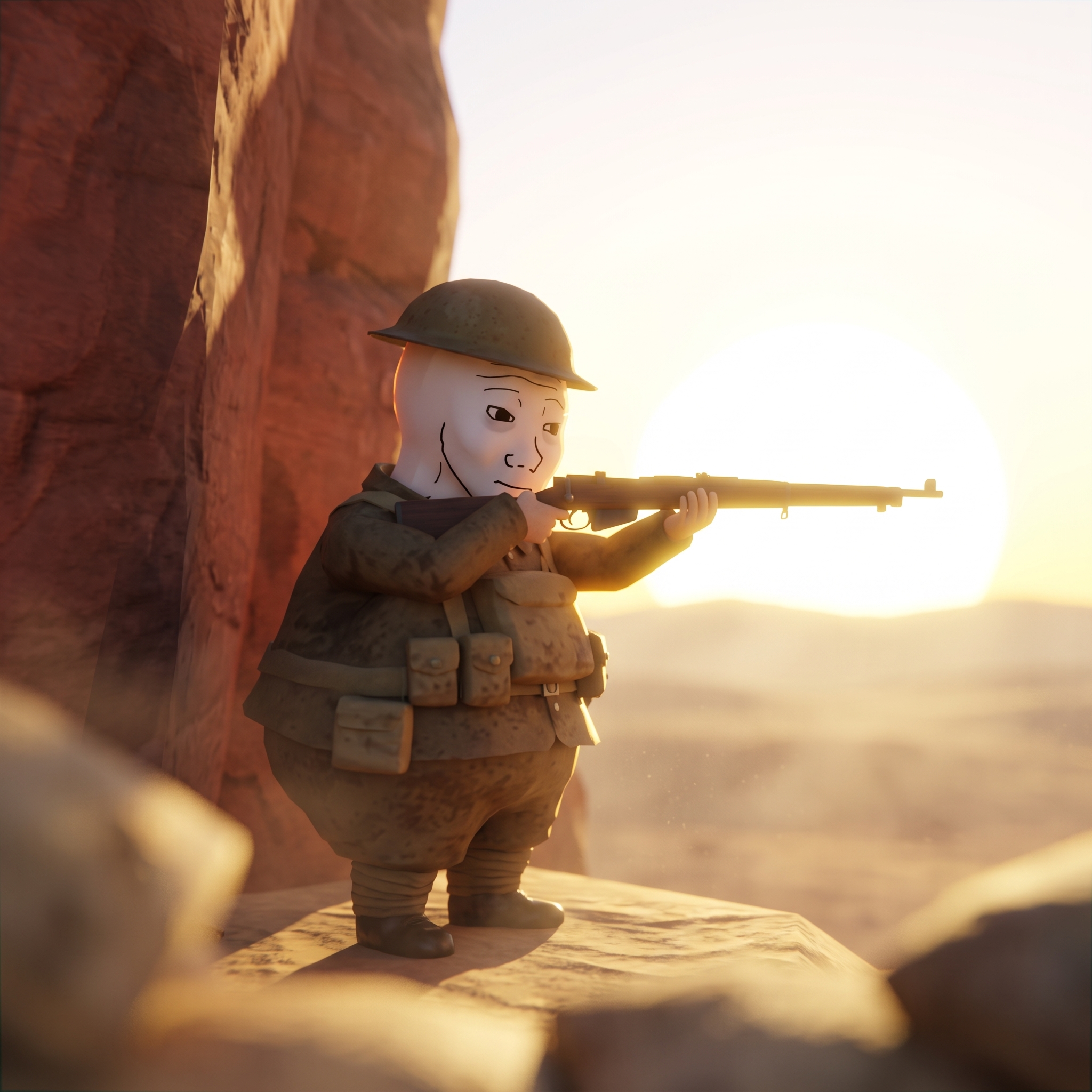 Trenches wojak soldier aiming a rifle in a desert canyon at sunset